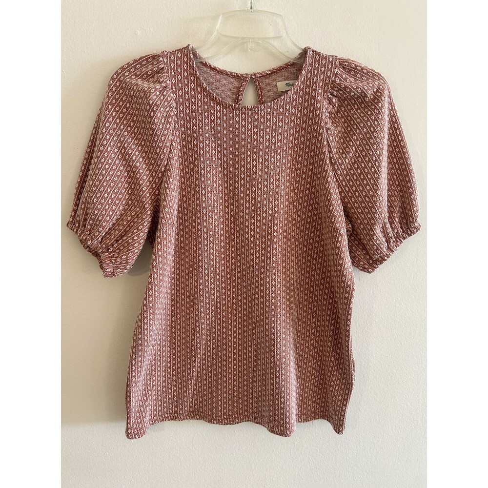 Madewell Floral Jacquard Puff-Sleeve Tee Blouse Afterglow Red Size S